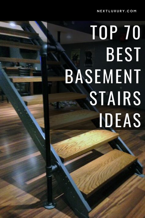 Open Basement Stairs Ideas, Basement Steps With Landing, Industrial Basement Stairs, Staircase In Middle Of Basement, Open Tread Stairs Ideas, Stairs Going To Basement Ideas, Modern Basement Staircase, Basement Stairs Open On Both Sides, Diy Basement Steps