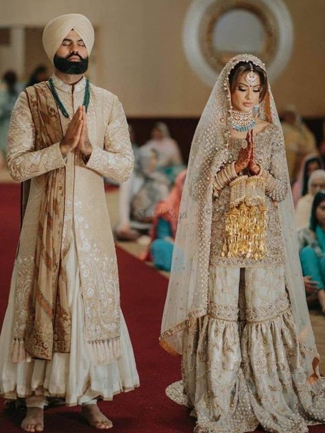 Looking for more such Sharara suits ? Head to out blog, Click on the link attached below for more such wedding fashion inspiration, ideas and trends.  #indianweddings #shaadisaga #intimateweddings #bridalfashion #sharara #shararasuit #pakistanisuit #pakistaniwear #trendyshararasuit Sikh Wedding Dress, Punjabi Wedding Suit, Bridal Sharara, Sikh Bride, Sharara Designs, Bridal Trends, Theater Design, Punjabi Bride, Indian Bridal Outfits