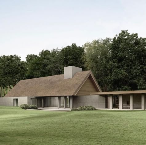 INTERIORGLOBE | Project Gaston designed by @emiel.vercruysse @decancqvercruysse with a concrete plinth and thatched roof #interiordesign... | Instagram Private House Architecture, Thatched Roof Cottage, Architecture Roof, Thatch Roof, Morden House, Thatched House, Concrete Roof, Barn Design, Thatched Roof