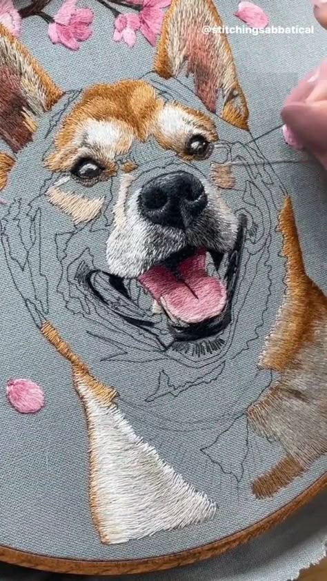 Realistic Embroidery, Hand Embroidery For Beginners, Embroidery Dog, Embroidery Video, Embroidery Artwork, Dog Embroidery Designs, Portrait Embroidery, Ribbon Embroidery Tutorial, Cute Sewing Projects