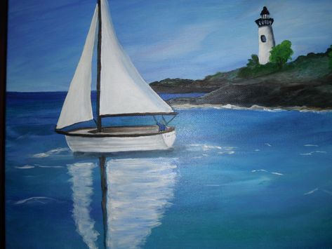 sailboat and lighthouse-acrylic on canvas by Colleen Corson Sailboat Art Painting, Sailboat Painting Acrylic Canvases, Sailboat Painting Acrylic, Coastal Pictures, Boat Paint, Boat Drawing, Sailboat Art, Lighthouse Painting, Sailboat Painting