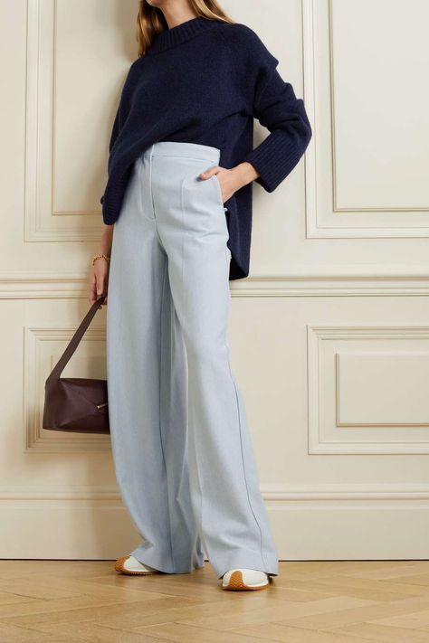 Light Blue Trousers Outfit, Dress Pants With Sneakers, Blue Wide Leg Pants Outfit, Trousers Outfit Winter, Blue Trousers Outfit, Light Blue Dress Pants, Wide Pants Outfit, Baby Blue Pants, Blue Pants Outfit