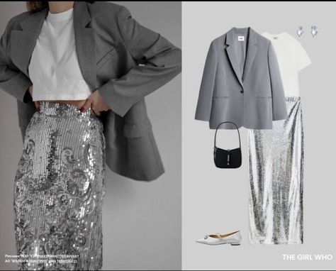 Silver New Years Outfit, Silver Skirt Outfit Party, Silver Sequin Skirt Outfit, Silver Skirt Outfit, Glitter Skirt Outfit, Silver Skirt Outfits, Sequin Skirt Outfit, Silver Sequin Skirt, Silver Blazer