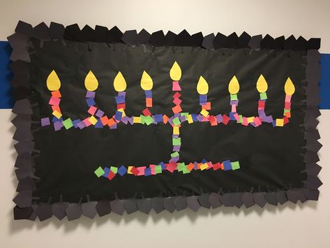 Chanukiah, Hanukkah menorah, craft, bulletin board...it was drawn in crayon and children glued on paper scraps Hanukkah Bulletin Board Ideas, Hanukkah Bulletin Board, Menorah Craft, Hanukkah Preschool, Hanukkah Crafts, Bulletin Board Ideas, Paper Scraps, Hanukkah Menorah, Wellness Center