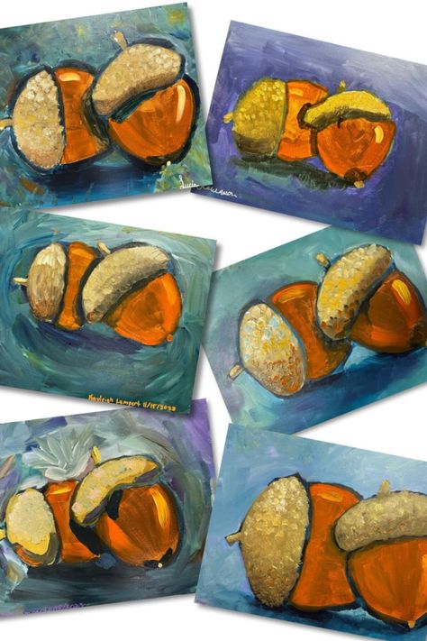 These acrylic acorn paintings were done by kids ages 10-11. This is a fun painting idea for fall! Visit the link to see more! #fallartideas #acornpaintings Fall Art Ideas, Thanksgiving Art Projects, Acorn Painting, Art Ideas For Kids, September Art, Elementary School Art, Middle School Art Projects, 2nd Grade Art, Fall Art Projects