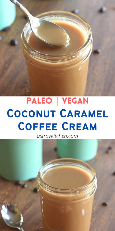 This DELICIOUS Coconut Caramel Coffee Creamer (say that 10 times fast) is dairy free, gluten free, paleo friendly, and vegan! Easy to make, and you won't feel guilty going for that second cup. Such an easy paleo recipe you'll make all the time! Coconut Milk Creamer Recipe, Coconut Cream Coffee, Paleo Coffee Creamer, Caramel Coffee Creamer, Caramel Creamer, Coconut Milk Creamer, Vegan Coffee Creamer, Healthy Coffee Creamer, Dairy Free Coffee Creamer