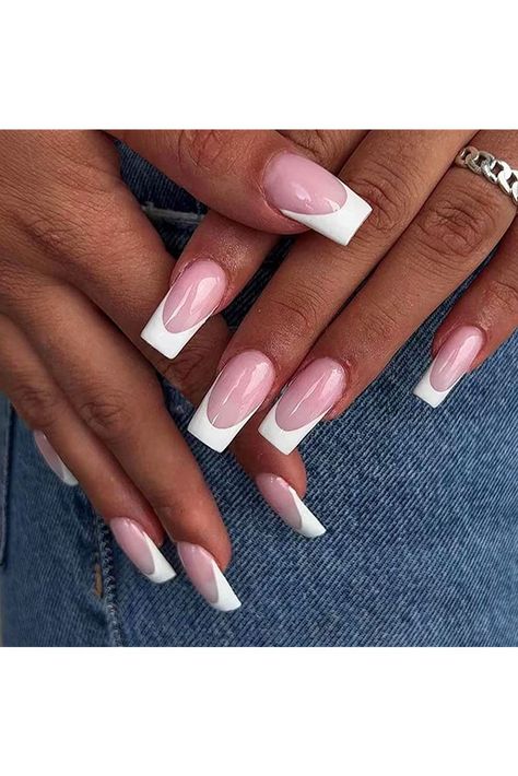 VOTACOS French Tip Press on Nails Long Coffin Fake Nails Pink False Nails with Curved?Design Glossy Stick on Nails for Women 532 Nail Art Dessin, White French Tip, Heart Nail, Nagel Tips, Nail Type, White French, Nail Length, Stick On Nails, Girls Nails