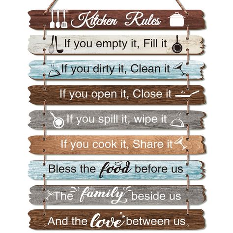 PRICES MAY VARY. Funny Kitchen Sign: the rustic kitchen rules wall decor contains 9 pieces of wooden signs with different patterns connected by jute ropes, which are printed with characters in a fancy style, delicate and rustic, enough and appropriate to be house decorations, especially helping you enjoy cooking time Trustworthy Material: this kind of kitchen rustic farmhouse decor is mainly made of quality wood material with well polishing and fine printing, odorless and safe, sturdy and tough, Kitchen Signs Decor, Kitchen Theme Ideas, Country Farmhouse Kitchen Decor, Farmhouse Restaurant, Restaurant Wall Art, Kitchen Decor Rustic, Farmhouse Kitchen Signs, Funny Kitchen Signs, Rules Poster