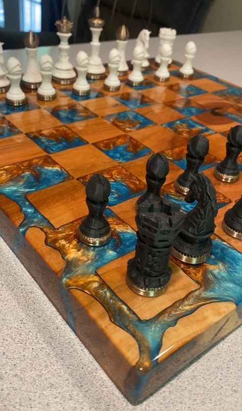 Epoxy Resin and solid Cherry wood Chess Board.  Will take requests for customization Made to order Epoxy Resin Chess Board, Epoxy Chess Board, Dt Coursework, Resin Chess Board, Checkerboard Table, Woodworking Items That Sell, Resin And Wood Diy, Wood Chess Board, Epoxy Tables