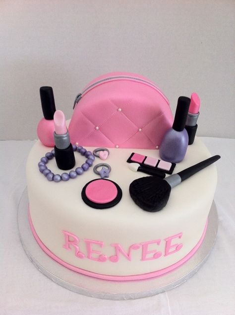 I've never seen such perfect  fondant makeup!! Make Up Torte, Birthday Cakes Girls Kids, Makeup Birthday Cakes, Flori Fondant, Spa Cake, Makeup Cake, Decoration Patisserie, Girly Cakes, Make Up Cake