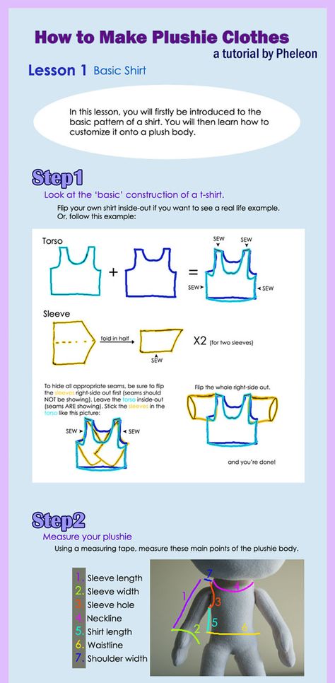 Amigurumi Tutorial: How to make Clothes - Basic Shirt - More info here: http://pheleon.deviantart.com/art/How-to-Make-Plushie-Clothes-Part-1-376773904  (click picture to enlarge) Crochet Doll Shirt Pattern, Amigurumi Shirt Pattern, Crochet Clothes For Plushies, Plushie Clothes Patterns, Crochet Plush Clothes, Crochet Plushie Clothes, Crochet Doll Shirt, Crochet Clothes For Stuffed Animals, Clothes For Plushies