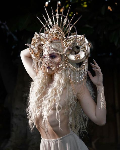 Gold Horns // Miss G Designs Headdress #headdress #headpiece #horns #mask #crown #drag #bellydance #missgdesigns #hornedheaddress Masquerade Mask Aesthetic, Horned Headdress, Sun Queen, Bling Mask, Demon Makeup, Gold Masquerade Mask, Masquerade Outfit, Summer Fashion Collection, Pink Tumblr Aesthetic