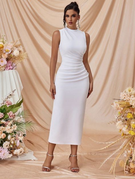 Women's Solid Color Crew Neck Backless Fitted Formal Party Evening Gown Dress White Elegant  Sleeveless Woven Fabric Plain Bodycon Slight Stretch  Weddings & Events, size features are:Bust: ,Length: ,Sleeve Length: Simple Mid Length Wedding Dress, Simple Elegant White Dress, White Gala Dresses, Mid Length Wedding Dress, Bridal Wardrobe, Elegant White Dress, White Dress Formal, Color Crew, Evening Gown Dresses