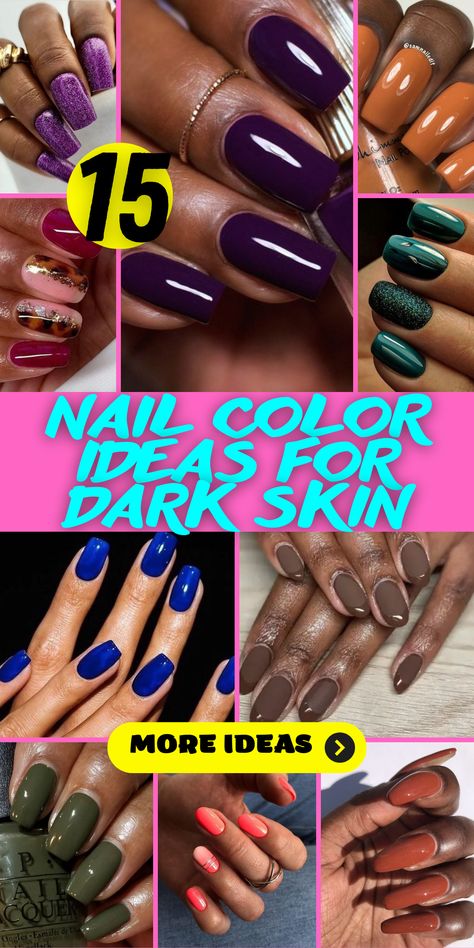 Get inspired by dark skin nail color ideas that are perfect for black women all year round. From vibrant reds to deep purples, these colors complement your skin tone beautifully. Whether you prefer short, medium, or long nails, there's a design to match every occasion, from Christmas celebrations to fall and winter vibes. Elevate your nail game with dark skin nail color that adds a touch of elegance to your overall look. Dip Nails Dark Skin, Solid Color Nails Black Skin, Dark Polish Nails, Nail Colors By Month, Short Nail Ideas For Dark Skin Tone, Nails Design For Black Skin, Winter Color Nail Designs, Spring Nails For Dark Skin, Winter Nail Colors For Dark Skin