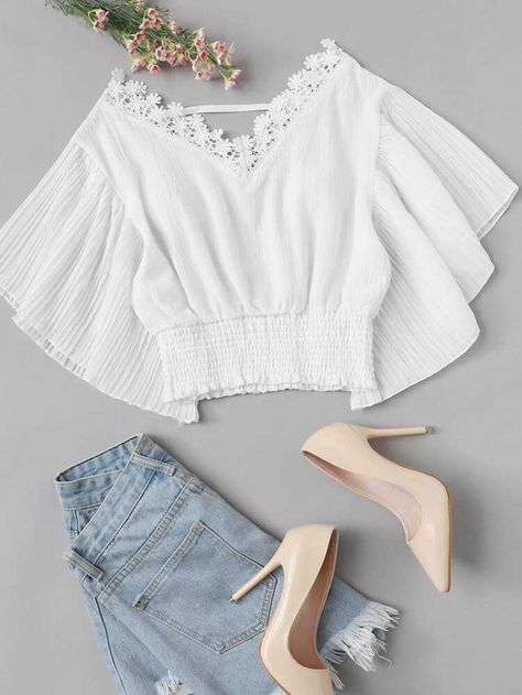 Lace Trim Pleated Sleeve Shirred Crop Top | SHEIN USA Trendy Dress Outfits, Mode Boho, Trendy Fashion Tops, Crop Top Outfits, Fashion Attire, Girls Fashion Clothes, Teenage Fashion Outfits, Teen Fashion Outfits, Trendy Dresses