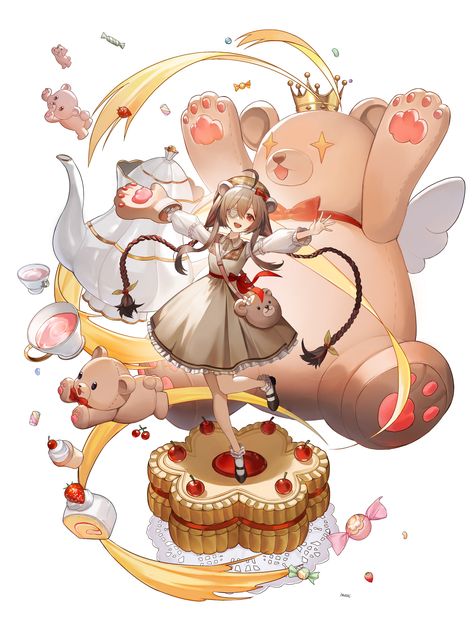 Bear Character Design, Alchemy Stars, Bear Character, Teddy Bear Design, Teddy Bear Girl, Female Character Concept, Bear Girl, Splash Art, Concept Art Character