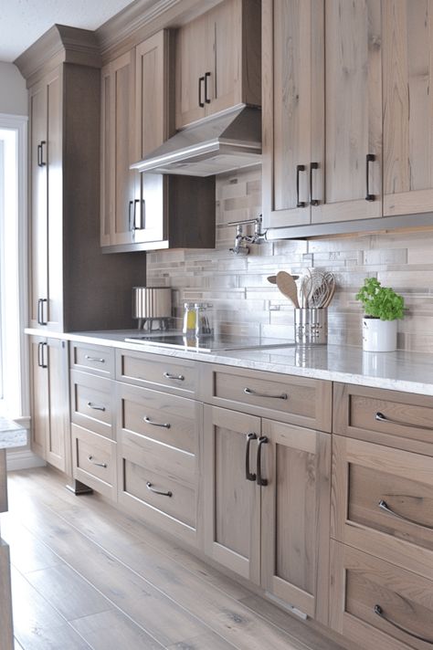 Wood Cabinets Gray Floor, Kitchen Wood Cabinets Ideas, Lighter Wood Kitchen Cabinets, Natural Wood Cabinets Kitchen Modern, Grey Stain Kitchen Cabinets, 2024 Wood Stain Trends, Kitchen Cabinets Stained Wood Colors, Ash Brown Cabinets Kitchen, Flooring And Cabinet Combinations