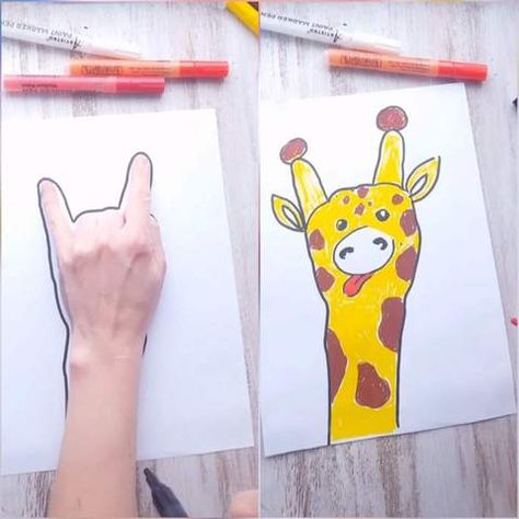 Draw Giraffe, Oppgaver For Barn, Drawing Ideas For Kids, Kids Craft Ideas, Giraffe Drawing, Hand Art Kids, Draw Tutorial, Easy Drawing Ideas, Kids Art Galleries