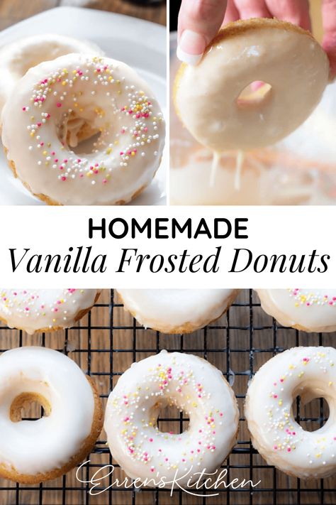 Baked Vanilla Donuts | Easy Homemade Donut Recipe | You don't need advanced baking skills to make perfect cake donuts. With this easy recipe, anyone can make them! Make soft, fluffy cake donuts with this easy recipe. These tasty Baked Vanilla Donuts are topped with glaze and decorated with sprinkles. Vanilla Glazed Donut, Vanilla Donut Icing, Delicious Donuts Recipe, Vanilla Frosted Donut, Vanilla Cake Donut Recipe, Vanilla Donut Frosting, Sprinkle Donut Recipe, Homemade Donut Icing, White Chocolate Donut Glaze