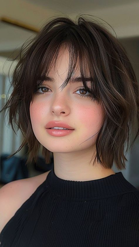 Haircuts For Frizzy Hair Round Faces, Short Hair Cuts With Bangs For Woman, Pixie Bob Round Face, Shaggy Bob Round Face, Hair Styles Oval Face, Bob Cut Round Face, Hispanic Haircuts, Bob With Bangs Round Face, Bob Cut For Round Face