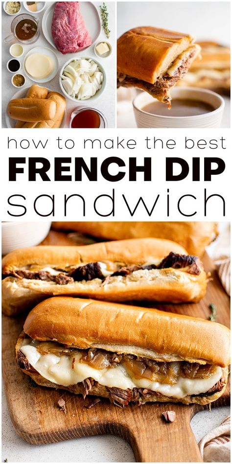 This easy French Dip Sandwich is made with perfectly cooked, melt-in-your-mouth chuck roast served on crusty bread with melty cheese and cooked onions. Dipped in leftover cooking gravy (au jus), it's a simple, comforting classic loaded with amazing flavor! Low Sodium French Dip Sandwich, Steak Sandwich Dipping Sauce, Au Jus French Dip Sandwich, Healthy French Dip, French Tip Sandwiches, Dip Sandwiches French, French Onion Sandwich Roast Beef, French Dip Chicken, French Onion Soup Roast Beef Sandwiches