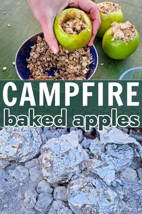 This camping dessert is so much better than smores! Stuff apples with oats, pecans and brown sugar butter to make these campfire baked apples. They cook right over the fire for an easy campfire dessert. Open Fire Desserts, Fun Campfire Desserts, Campfire Apple Cobbler, Campfire Dutch Oven Desserts, Easy Camp Fire Food, Campfire Food For Kids, Campfire Desserts On A Stick, Bonfire Food Ideas Snacks, Campfire Desserts Easy