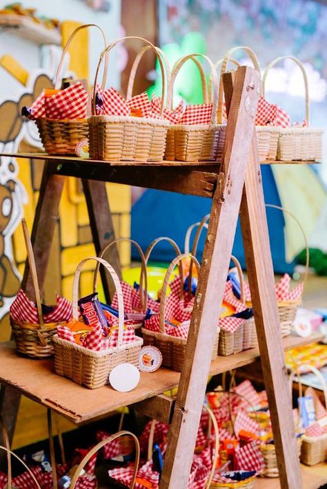 Kara's Party Ideas Picnic Birthday Party | Kara's Party Ideas Picnic Basket Party Favors, Picnic Basket Favors, Stuffed Animal Picnic Birthday Party, Picnic Party Favors For Adults, Colorful Picnic Party, Toddler Picnic Birthday Party, Kids Picnic Birthday Party, Masha And Bear Birthday Party Ideas, Diy Picnic Basket Ideas