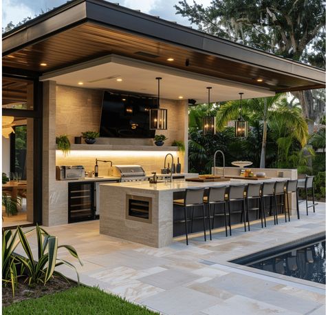 Florida Outdoor Kitchen, Outdoor Kitchen Design Modern, Outdoor Kitchen Design Ideas, Outdoor Kitchen Plans, Outdoor Patio Designs, Backyard Kitchen, Outdoor Kitchen Patio, Backyard Remodel, Modern Backyard