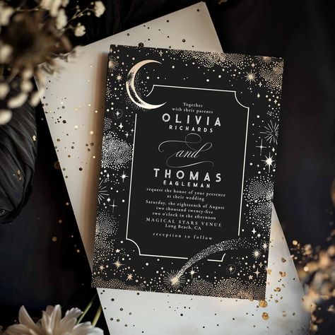 Starry Night Moon Shooting Star Celestial Wedding Invitation It Was Written In The Stars Wedding, Autumn Celestial Wedding, Starry Night Wedding Invitations, Edgy Modern Wedding, Starlight Wedding Theme, Black Witchy Wedding, Velaris Wedding, Starfall Wedding, Starry Night Wedding Ideas