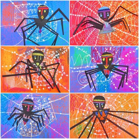 School • Instagram Spider Art Project, Kids Halloween Art Projects, Anansi The Spider, Spider Painting, Halloween Art Lessons, Grade 1 Art, School Instagram, Morning School, Halloween Art Projects