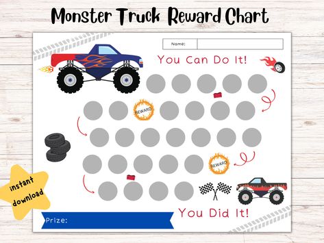 Kids Reward Chart | Potty Training Chart | Chore Chart for Kids | Printable Monster Truck Reward Chart by HylandDesignsCo on Etsy Potty Sticker Chart, Aba Activities, Bedtime Chart, Kids Reward Chart, Reward Chart For Kids, Toddler Reward Chart, Teach English To Kids, Chore Chart For Kids, Potty Chart