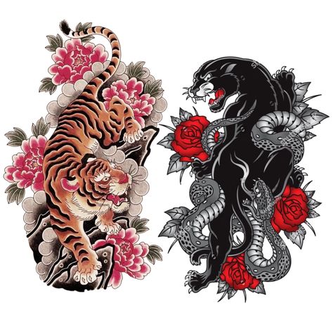 Retro Tiger Tattoo, Traditional Tiger Back Tattoo, Japanese Yin Yang Tattoo, Year Of The Tiger Tattoo For Women, Medium Cover Up Tattoos, Black Panther Tattoo Traditional, Japanese Panther Tattoo, Japanese Cover Up Tattoo, Welles Crowther