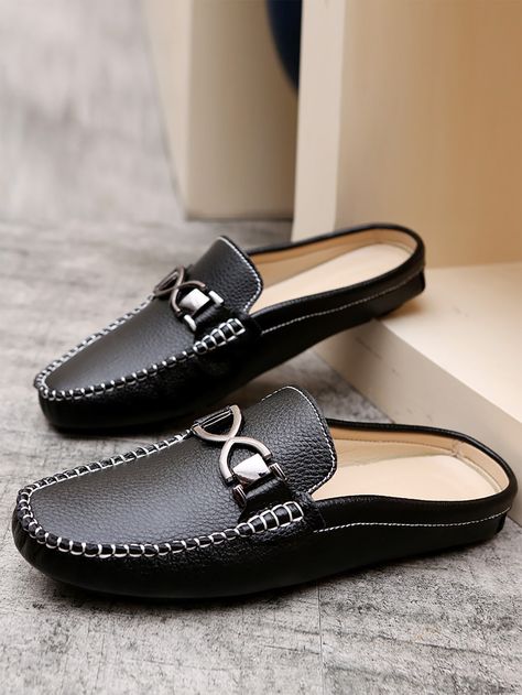 Black     Plain Mule Loafers Embellished   Men Shoes Casual Leather Sandals, Luxury Brand Shoes, Mens Sandals Fashion, Mens Beach Shoes, Men Driving, Half Shoes, Horsebit Loafers, Open Backs, Branded Shoes For Men