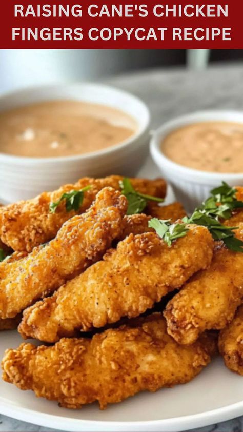 Raising Cane’s Chicken Fingers Copycat Recipe – Delish Diner Copycat Restaurant Recipes Raising Canes, Homemade Raising Canes Chicken, Canes Sauce Recipe Chicken Fingers, Best Chicken Fingers Recipe, Copycat Canes Chicken, Rasing Canes Copycat Sauce, Homemade Canes Chicken, Raisin Canes Chicken Strips Recipe, Raising Canes Sauce Recipe Copycat Chicken Fingers