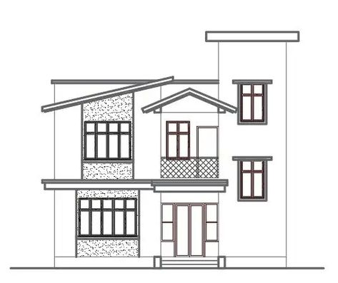 Modern house elevation 2d cad drawing details. A front elevation with detail of long glass windows and front balcony design looks amazing. Download the free AutoCAD drawing file. House Elevation Sketch, Elevation Designs For House Drawing, Architecture House Design Drawing, Front Elevation Drawing, Elevation Design Drawing, Simple House Sketch, Modern House Drawing, Small House Drawing, Simple Elevation