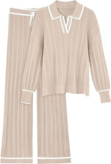 Amazon.com: LILLUSORY Women's 2 Piece Outfits Knit Lounge Sets V Neck Sweater Top And Wide Leg Pants Suits Sweatsuit Tracksuits 2024 : Clothing, Shoes & Jewelry Cute Sweaters For Fall, Knit Lounge Set, Womens Loungewear Sets, Wide Leg Pant Suit, Women's Fashion Set, Knitted Suit, Easy Winter Outfit, Early Fall Outfit, Luxury Women Fashion