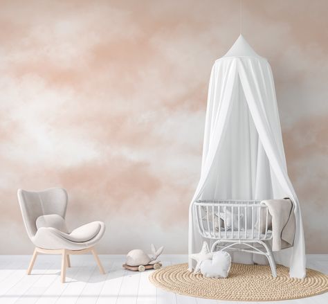 Soft clouds wallpaper in peachy pink shades. Will be perfect for nursery interiors.  The design can be printed on either peel-and-stick, traditional, or pre-pasted wallpaper. Peel and stick material is made of self-adhesive polyester textile, it has a matte surface and textile-like texture, and it is easy to work with. It's perfect for bathrooms and kitchens - you can clean it with a damp cloth, and also it is easy to remove. Traditional wallpaper is made of paper, it has to be installed using a Clouds Wallpaper Nursery, Pink Cloud Wallpaper, Sky Nursery, Pink Clouds Wallpaper, Cloud Nursery, Soft Clouds, Cloud Theme, Wallpaper Nursery