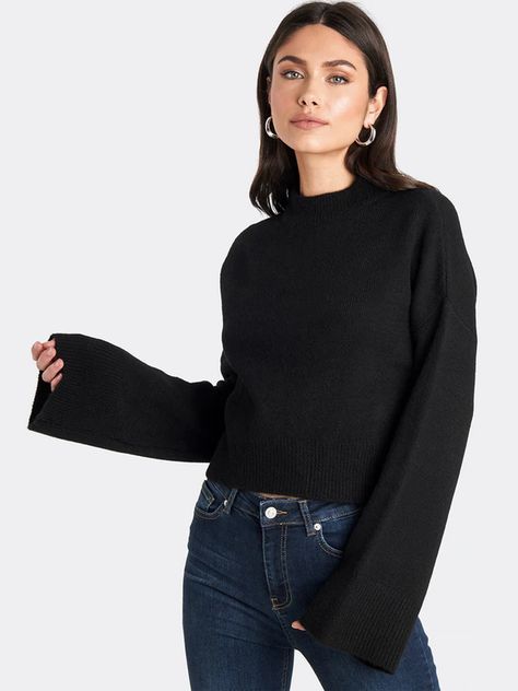 High Waisted Skirt Outfit, Plain Sweater, Plain Sweaters, Belted Mini Skirt, Fine Knit Sweater, Black Plain, Other Outfits, Wide Sleeves, Sweater Black