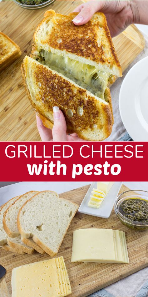 Pesto Cheese Sandwich, Pesto Sandwich Recipe, Sandwich With Pesto, Yummy Grilled Cheese, Pesto Grilled Cheese, Bacon Grilled Cheese Sandwich, Easy Grilled Cheese, Fancy Grilled Cheese, Grilled Cheese Croutons