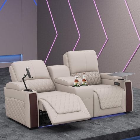 PRICES MAY VARY. ✅ HOME THEATER SEATING: Enjoy the movie theater experience in your own home with convenient features such as the lighted cup holders and base, swivel snack tray tables that store in the hidden in-arm storage compartments. ✅ TOP-IN-CLASS COMFORT: Experience the dream-level of comfort like never before with the powered recline, adjustable powered headrest, USB charging ports, and a home button to return the seat to its default upright state. ✅ THE FINEST MATERIAL: Painstakingly, h Movie Theater Chairs, Theater Seats, Theater Chairs, Theater Recliners, Tray Tables, Double Sofa, Hidden Spaces, Reading Lights, Cozy Couch