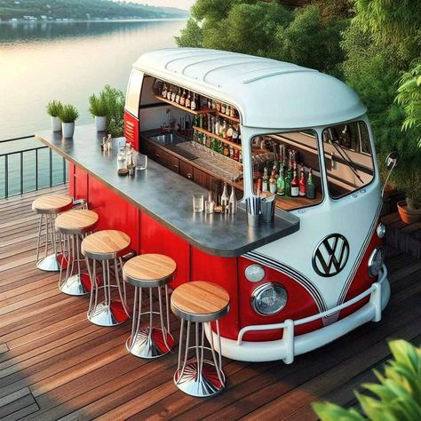 Mobile Catering, Food Cart Design, Car Part Furniture, Vintage Vw Bus, Food Truck Design, Experiential Marketing, Outdoor Bar Table, Stall Designs, Vw T1