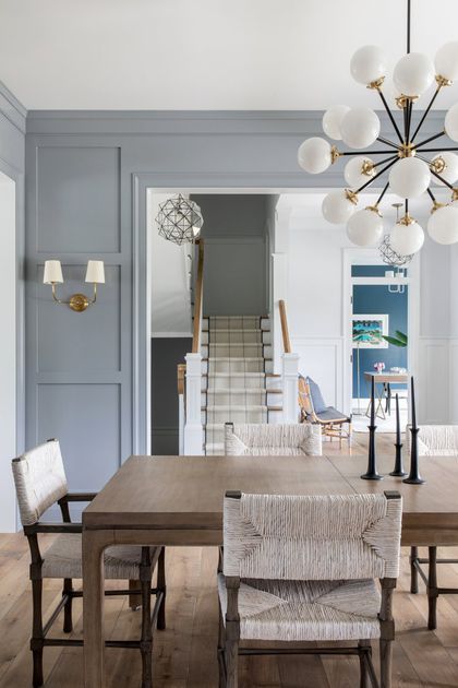 50 Dining Room Decor Ideas For a Stylish Entertaining Space Gray Blue Dining Room, Blue Dining Room Walls, Scandi Dining Room, Dining Room Wall Color, Dining Room Accent Wall, Dining Room Decor Ideas, Dining Room Paint Colors, Blue Accent Walls, Light Blue Walls