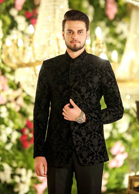 Valima Outfit Men, Black Coat Design For Men, Black Prince Suit For Men, Men Prince Suit, Kurtha Models Latest For Men, Velvet Suit Design Men, Black Velvet Suit Mens, Mens Wear For Wedding, Black Prince Coat For Men