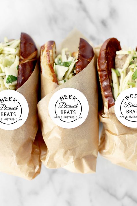 Beer Braised Brats with Apple Mustard Slaw And Free Printables — DIY Blog - DIY Ideas | Kristi Murphy Mustard Slaw, Apple Mustard, Beer Tasting Parties, Sandwich Packaging, Cloud Kitchen, Slaw Recipe, Sandwich Bar, Doner Kebab, Party Dishes