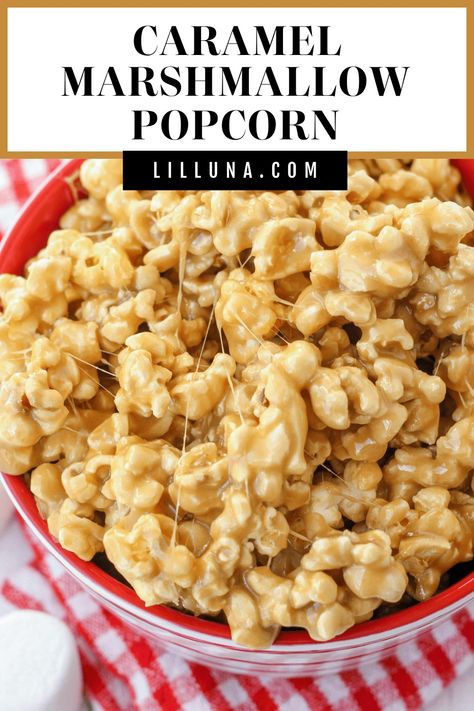 Deliciously gooey 5-minute Caramel Marshmallow Popcorn is simple, quick, and perfect for parties and holidays! #caramelmarshmallowpopcorn #caramelpopcorn #popcorn #caramelandmarshmallow #popcornrecipe Carmel Popcorn Recipe, Holiday Popcorn Recipes, Marshmallow Caramel Popcorn, Marshmallow Popcorn Balls, Gourmet Popcorn Recipes, Caramel Popcorn Balls, Carmel Popcorn, Specialty Desserts, Popcorn Balls Recipe