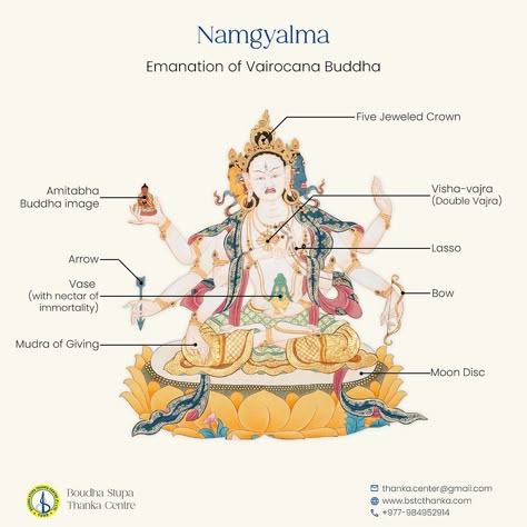 Namgyalma, the Goddess of long life and purification, has three faces (white, yellow, blue) and eight arms, each holding a symbolic item. Her vase holds the nectar of longevity, helping beings reach enlightenment and freedom from suffering. 👉For more details, check the link in our bio! Follow us for more insights into Buddhist Thangka art! DM us for inquiries! #thangka #buddhism #buddha #dharma #buddhist #art #boudha#boudhastupathankacenter#thangkaart#thankaneal #thangkapainting #tibe... Brahma Dev, Buddhist Thangka, Thangka Art, Three Faces, Buddhist Symbols, Shakti Goddess, Yoga Mindfulness, Thangka Painting, Tibetan Art