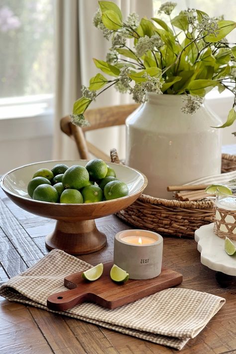 Embrace the citrus paradise! ✨ A table set for zestful indulgence, adorned with vibrant fruits in this wooden fruit bowl. 🍋🍊🍈 Savor the refreshing beauty and relish the tangy flavors of nature's bounty! Countertop Decor Kitchen, Fruit Bowl Decor, Fruit Bowl Display, Cottagecore Living, Kitchen Countertop Decor, Wooden Fruit Bowl, Wooden Fruit, Kitchen Decorating Ideas, Fruit Display