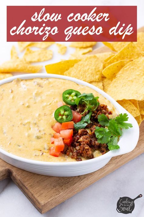 Easy Slow Cooker Chorizo Queso Dip! It is made with cream cheese, shredded Monterey Jack cheese, Mexican chorizo, and chiles. Perfect for game day or for an appetizer! #cookingformysoul Best Chorizo Queso Dip, Cheesy Chorizo Dip, Loaded Queso Dip Recipe Crockpot, Slow Cooker Chorizo Queso, Queso With Chorizo Crockpot, Cheese And Chorizo Dip, Chorizo Queso Recipes, Chorizo Recipes Crockpot, Chirozo Queso Dip