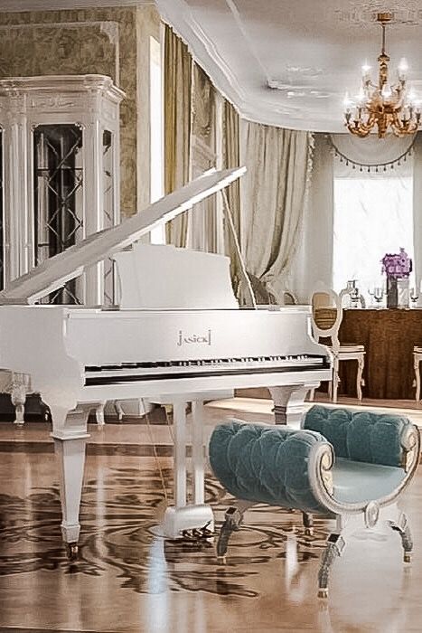 White baby grand piano with turquoise bench!! Absolutely stunning!! Baby Room Luxury, Grand Piano Aesthetic, Grand Piano Living Room, White Grand Piano, Grand Piano Room, Piano Room Decor, Piano Living Rooms, Piano Aesthetic