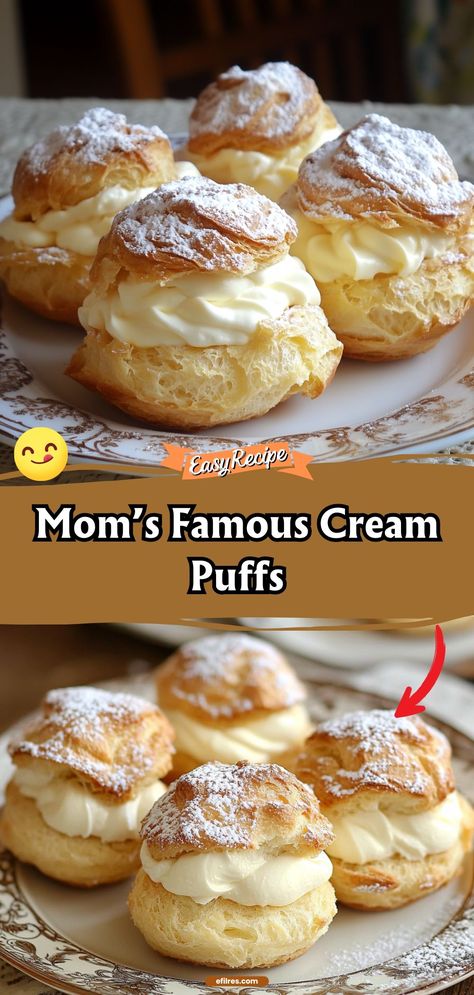 Indulge in the light, airy delight of Mom’s Famous Cream Puffs. These delicate pastries are filled with a smooth, creamy custard that melts in your mouth, encased in a puffy, golden crust that’s just irresistible. #CreamPuffs #PastryDelight #HomemadeDesserts Cream Puff Recipe, Stick Butter, Puff Recipe, Heirloom Recipes, Caramel Pecan, Sweet Rolls, Sticky Buns, Bar Cookies, Puff Pastry Recipes